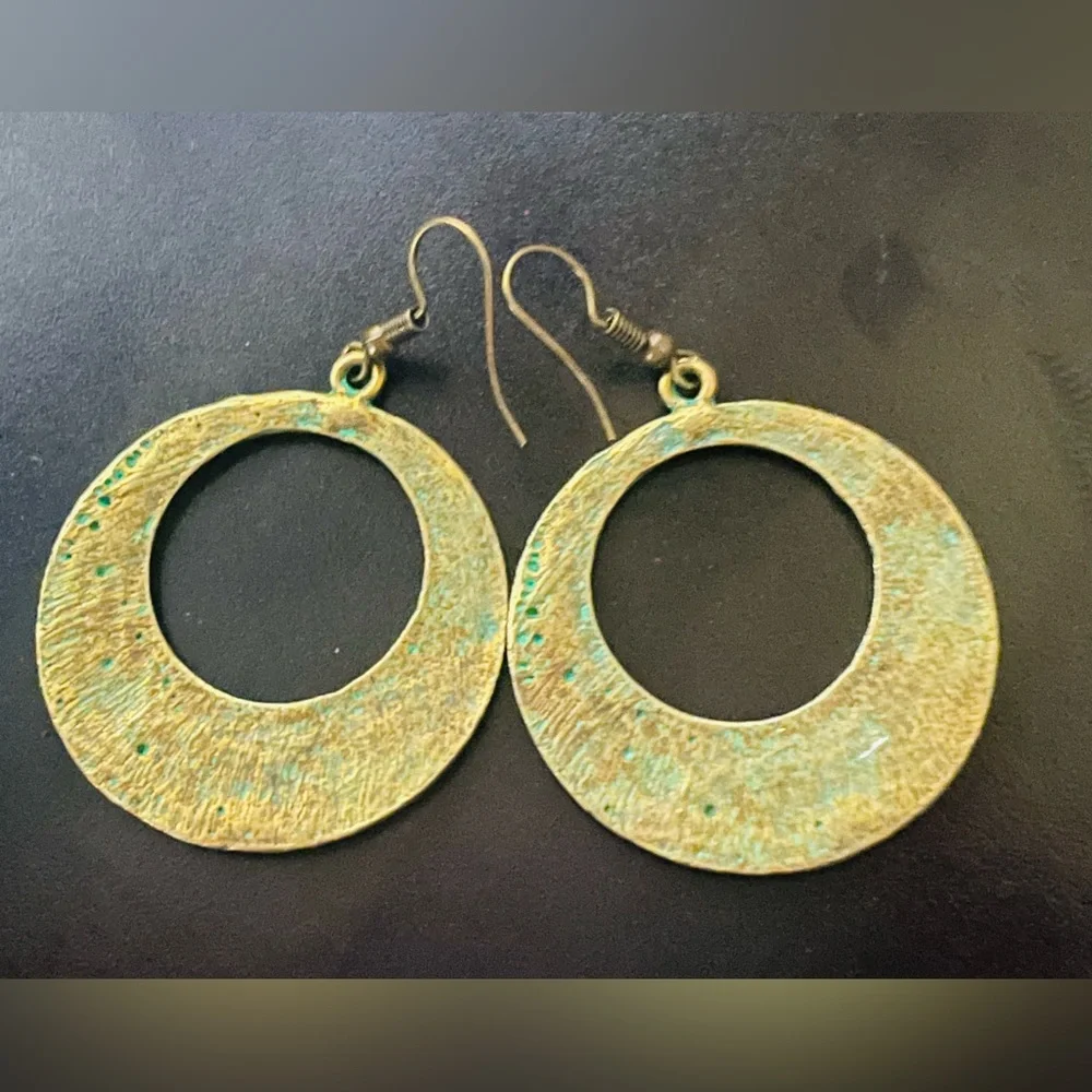 Antique Brass Boho Drop Earrings with Embossed Mandala Design in Green Patina - Picture 8 of 12